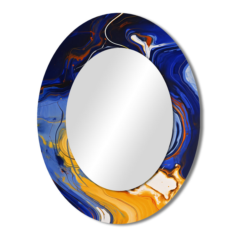 Jaune et bleu liquide encre de rivière I - décor de miroir mural ovale jaune, H 43 po x l 33 po
