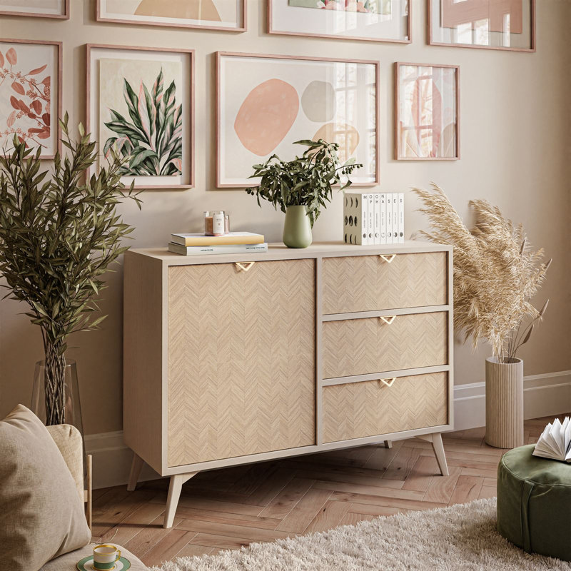 Dalla 106 cm W Chest of 3 Drawers, Sand Beige/Herringbone Scandi Pattern