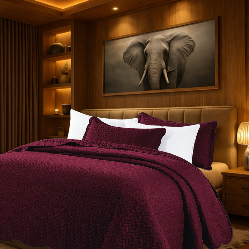 Microfiber Embossed Oversized Bedspread Set With Shams – Modern & Contemporary, Machine Washable, Dust-Resistant, Burgundy