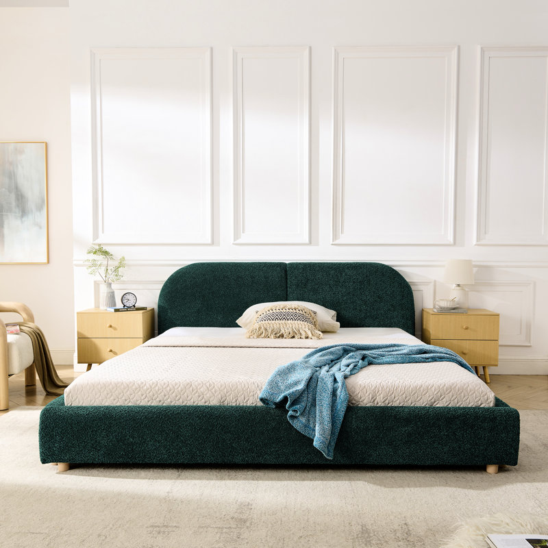 Queen Size Bed Frame, Modern Simple Style, Curved Headboard, Circle , Strong Leg Support, Upholstered With Fabric, Robust Legs, Style -