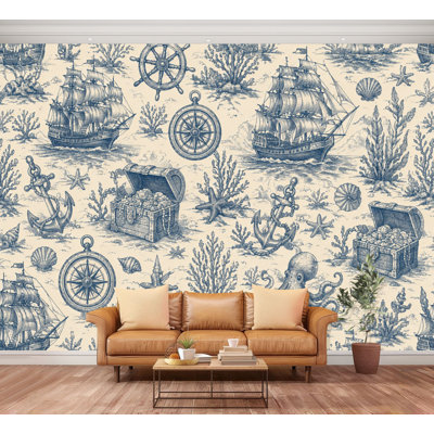 Murale pelez et collez beige imprimé nautique rétro océan pirate bateau pieuvre ancre grand papier peint auto-adhésif amovible contact mural pour salon chambre à coucher chambre de bébé H 100 po x l 144 po