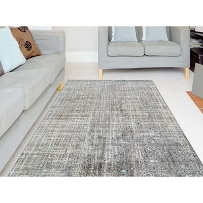 Tapis turquoise / gris à velours structuré de qualité supérieure à motif abstrait transitionnel Bonna