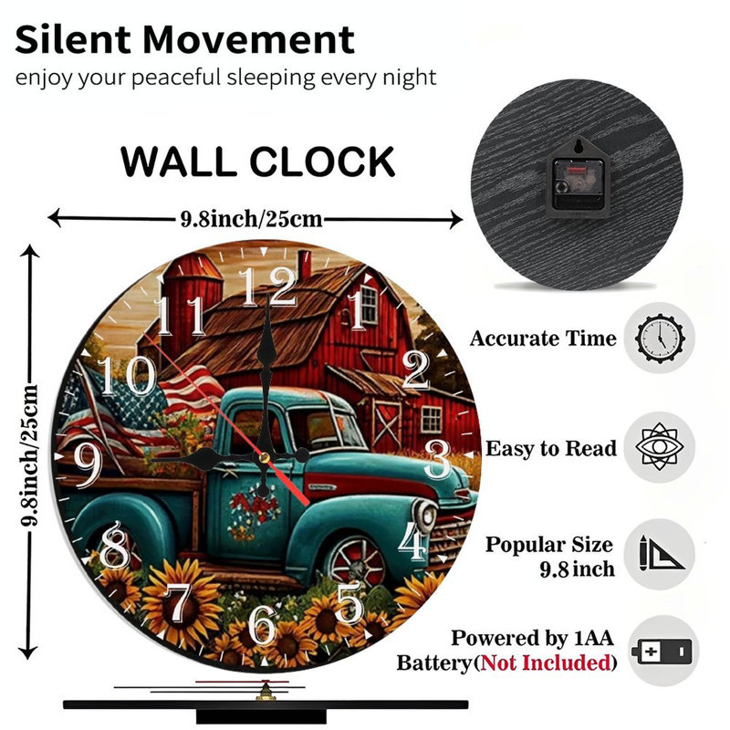 Horloge murale en bois 10 po, mouvement silencieux, à piles (piles AA non incluses), décor artistique, parfait pour les décorations