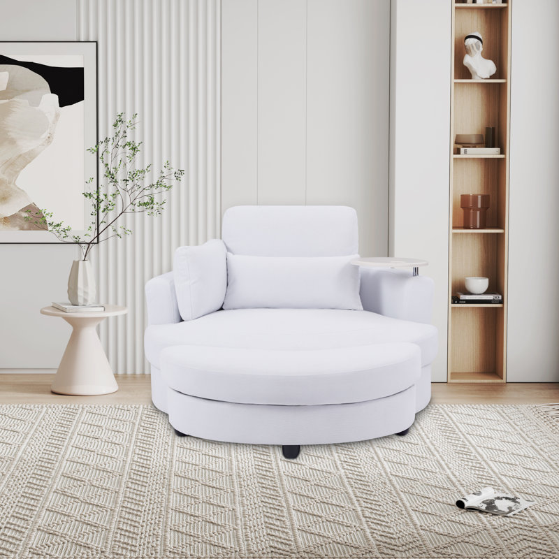 Brendis Upholstered Swivel Barrel Chair with Ottoman, White Corduroy