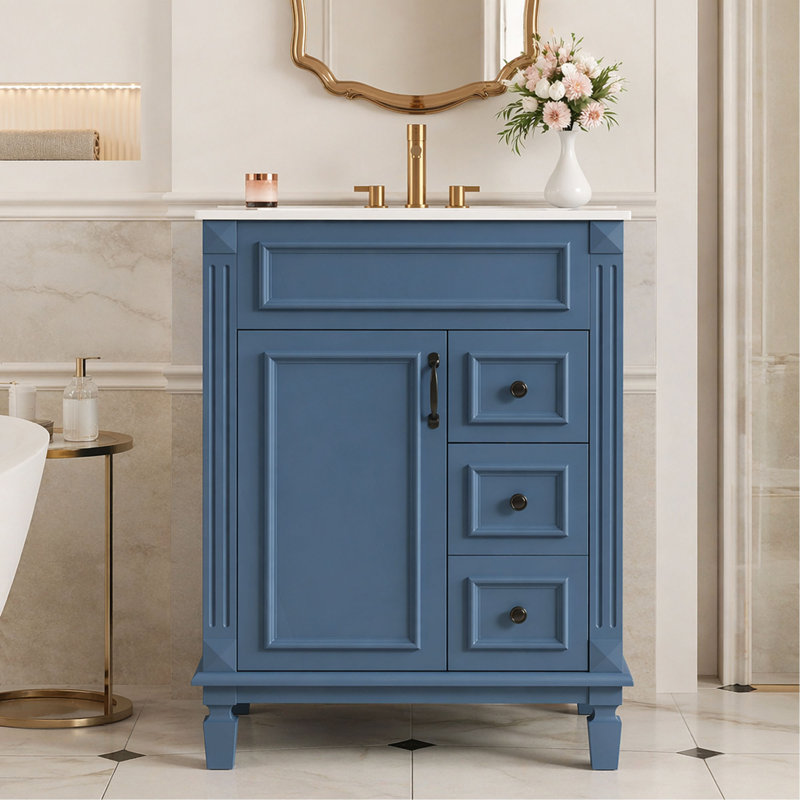 Meuble-lavabo 24 po avec lavabo en céramique, petite armoire de salle de bain moderne, 2 tiroirs et tablette réglable