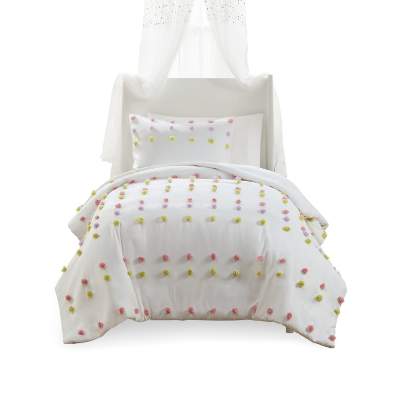Twin White Pompom Clip Jacquard Duvet Cover Set