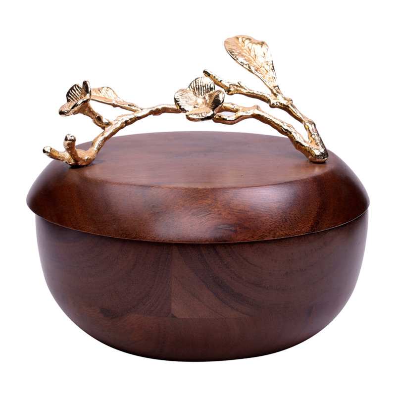 Bol rustique en bois d'acacia avec couvercle et poignée en laiton pour la cuisine et les décorations de Noël