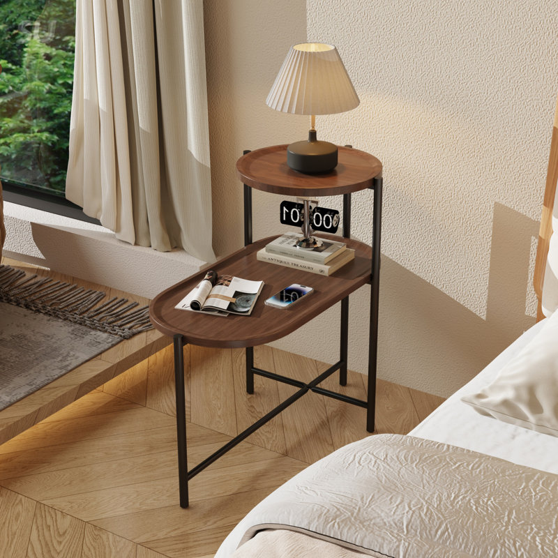 Gassan Small Coffee Tables 2-tier Modern Sofa Side Table with Wood Storage Shelf Living Room End Tables Nightstand, Walnut