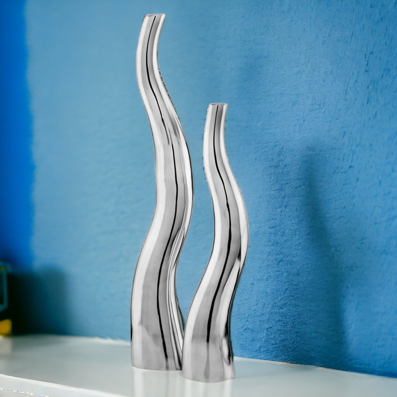 Set Of 2 Modern Tall Silver Squiggly Vases Set Of 2 Modern Tall Silver Squiggly Vases