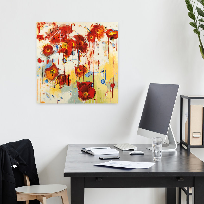 Art contemporain abstrait rouge coquelicot, H 18 po x l 18 po