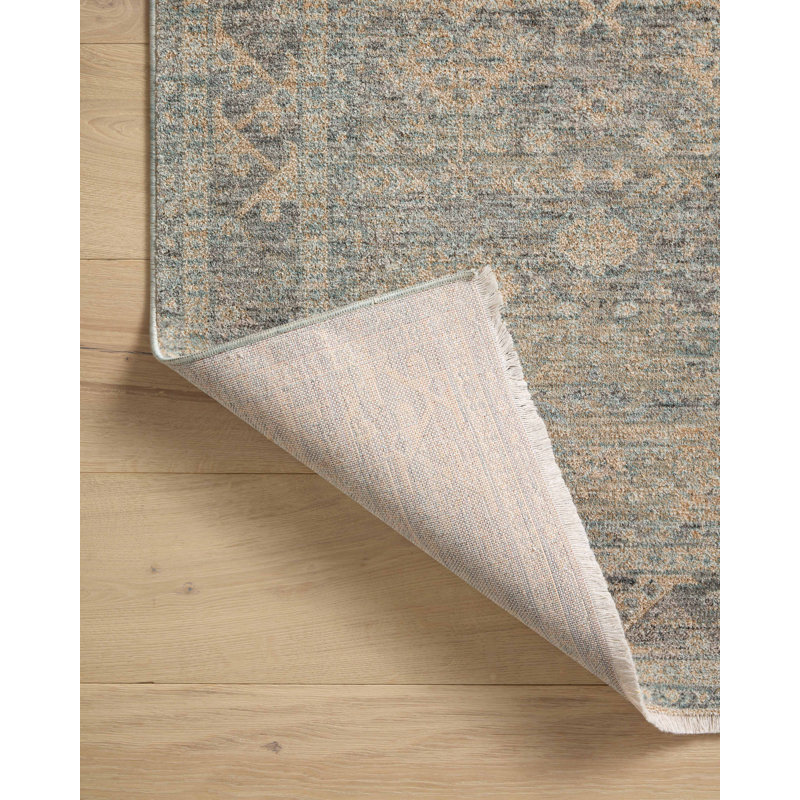 Sky and Beige Distressed Polyester Runner Rug with Fringe