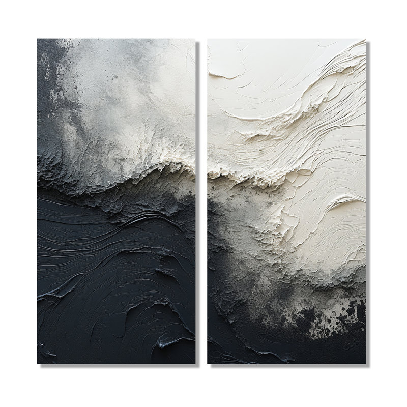 Minimalisme, peinture noire et blanche Wave I - art mural sur toile crème 2 pièces, 20" H x 24" W, Wrapped Canvas