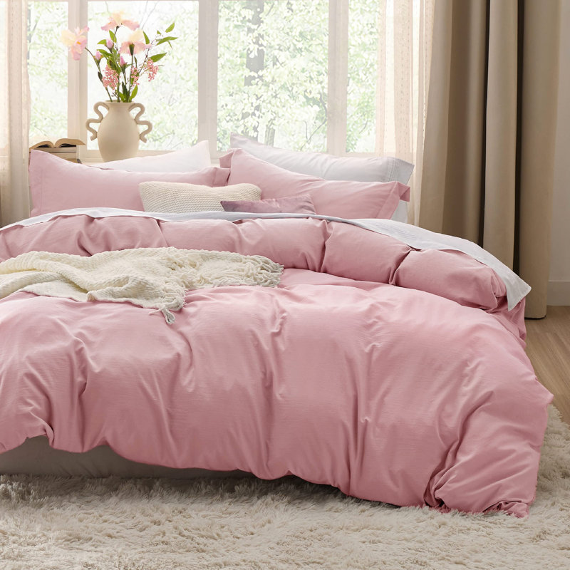 Bedsure Microfiber Duvet Cover Full Size - Prewashed Cotton-Like Extra Soft Bedding Set (Set of 3), Pink