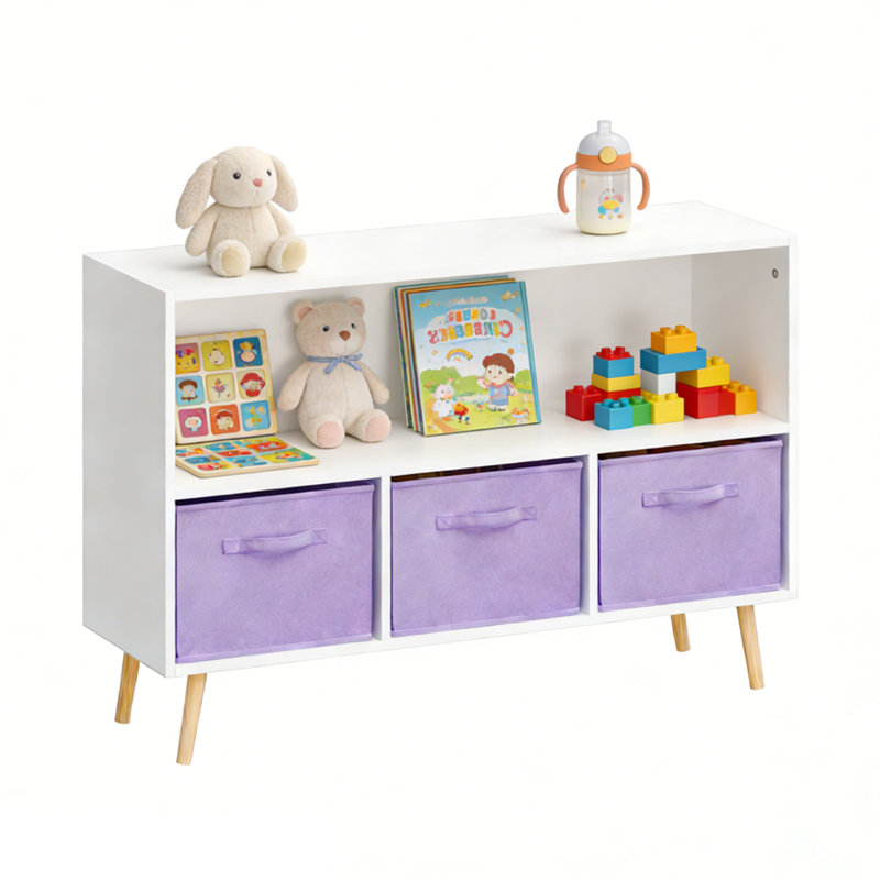 Kids Bookcase And Bookshelf, Multi Shelf With 3 Collapsible Fabric Drawers, Toy Storage Organizer For Bedroom, Playroom, Hallway