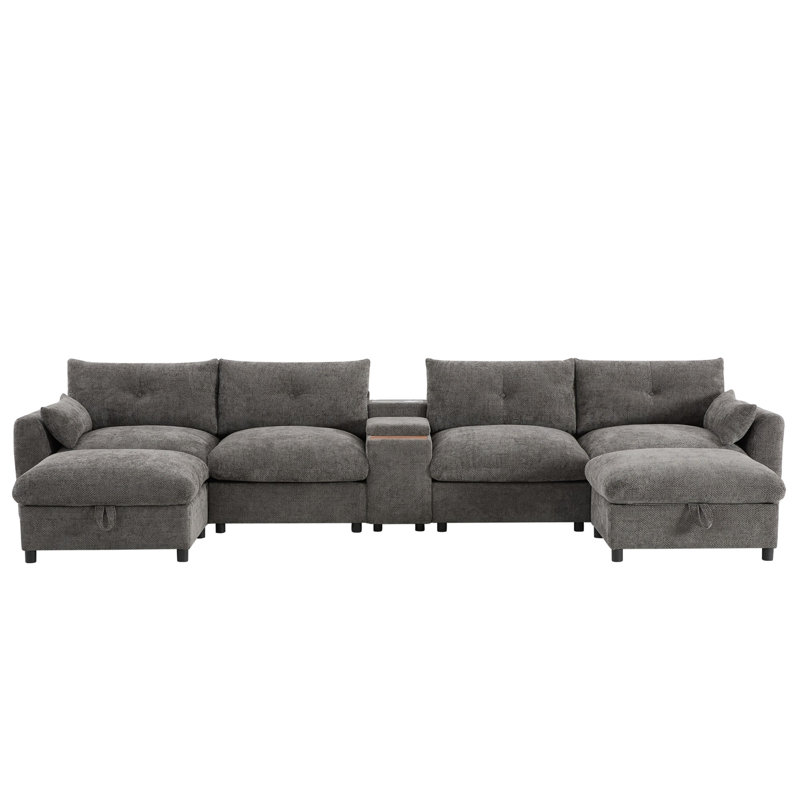 Modular Sectional Sofa with Movable Storage Ottoman and Console, Grey Chenille