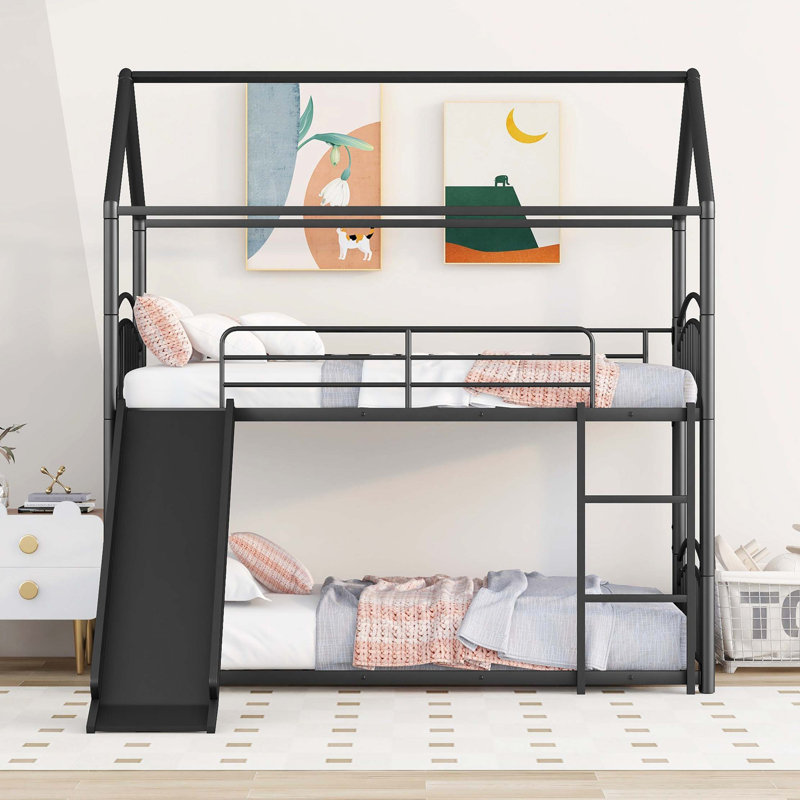 Metal Bunk Bed With Slide,Kids House Bed, Black