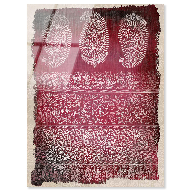 Décoration murale orientale bourgogne en timbres en acrylique par Art Remedy, prête à être accrochée, H 45 po x l 36 po