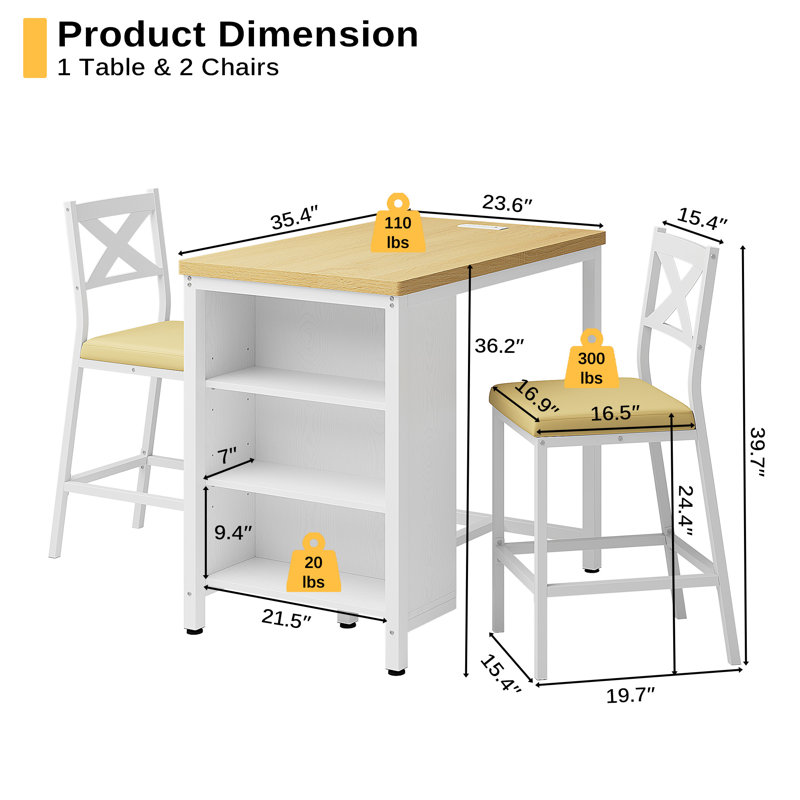 Ensemble de petite salle à manger 3 pièces de style transitionnel avec tablettes de rangement réglables, ensemble de table de salle à manger à hauteur de comptoir de l 35 po avec 2 chaises rembourrées en polyuréthane pour petit espace, coin-repas, salon et salle d'étude