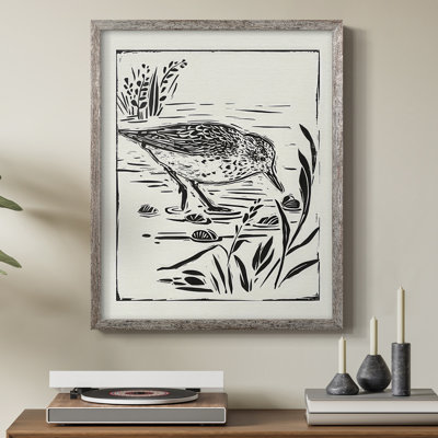 Linocut Style Seabird III, reproduction encadrée - bois massif