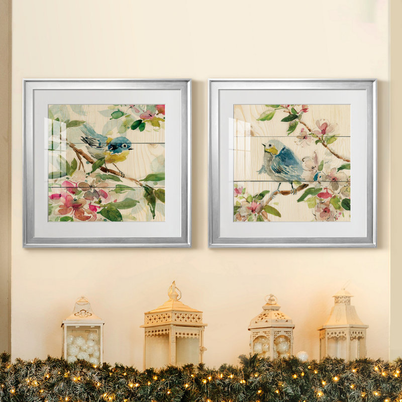 «Birds and Blossoms I», ensemble de 2 reproductions d'art encadrées, H 22,5 po x l 45 po, Toile encadrée avec passe-partout