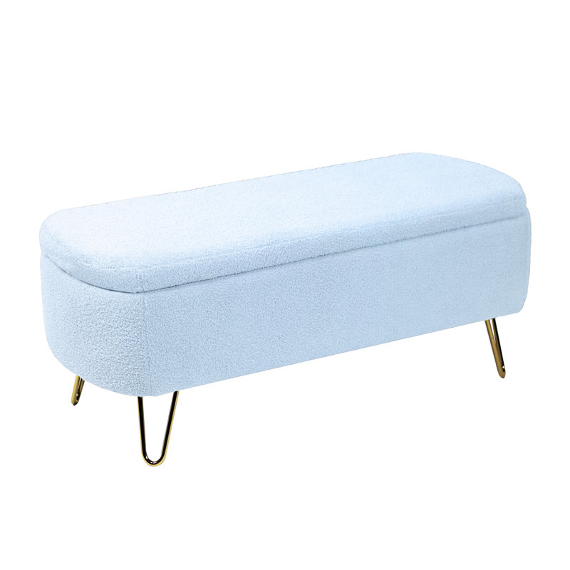 Blue Storage Bench With Gold Legs - Grey Faux Fur For A Stylish And Luxurious Home Living Functional, Blue