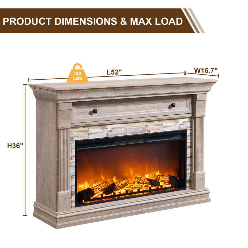 Farmhouse 52" Tv Stand With Electric Fireplace Mantel & Storage Cabinets With 36" Freestanding Heater, Remote-Controlled Adjustable 3D Flames