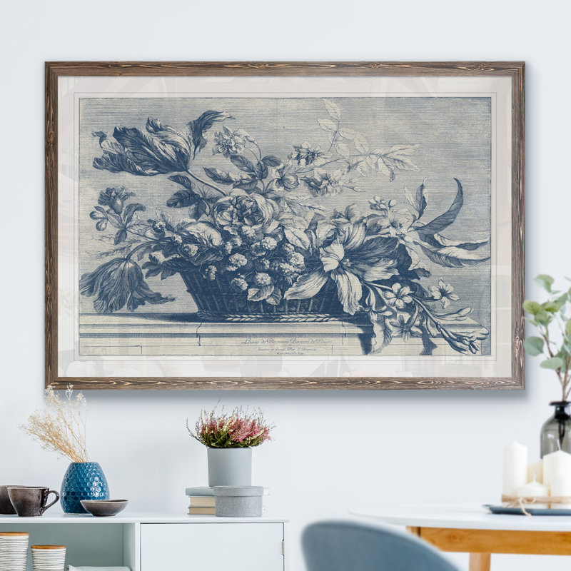 Navy Basket Of Flowers I - Single Picture Frame Painting, 28" H x 38" W x 1.3" D, Espresso Framed Paper
