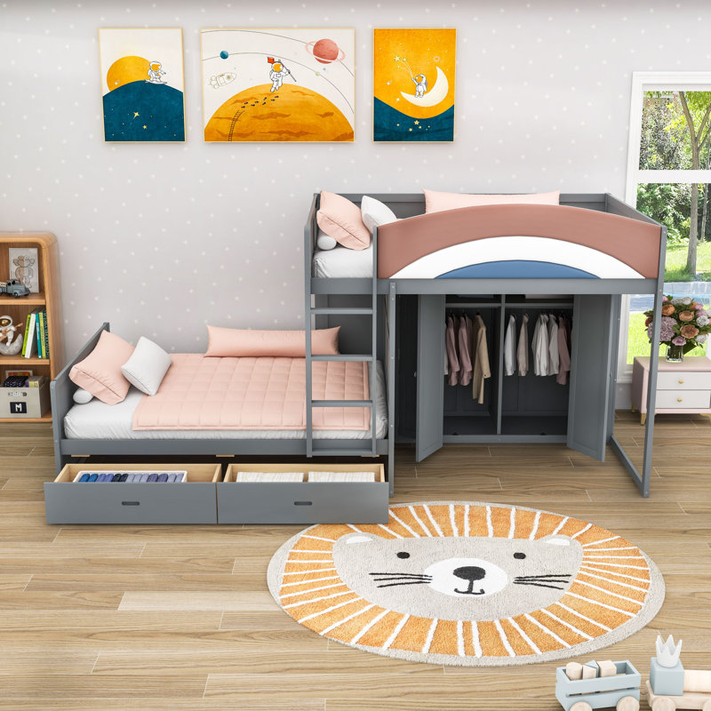 Lit superposé double au-dessus de double avec garde-robe intégré et tiroirs de rangement supplémentaires, Gris