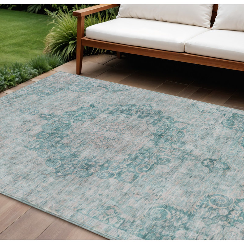 Tapis extérieur lavable à motif médaillon floral bleu sarcelle 10 pi x 14 pi