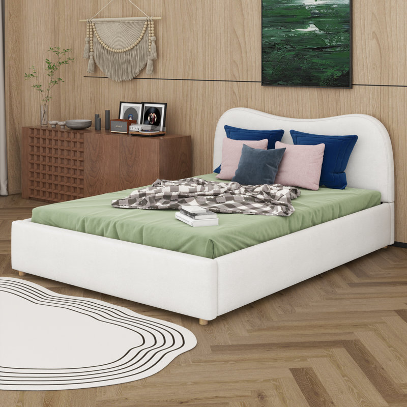 Lit plateforme tapissier avec tête de lit Boucle, Grand lit, Blanc