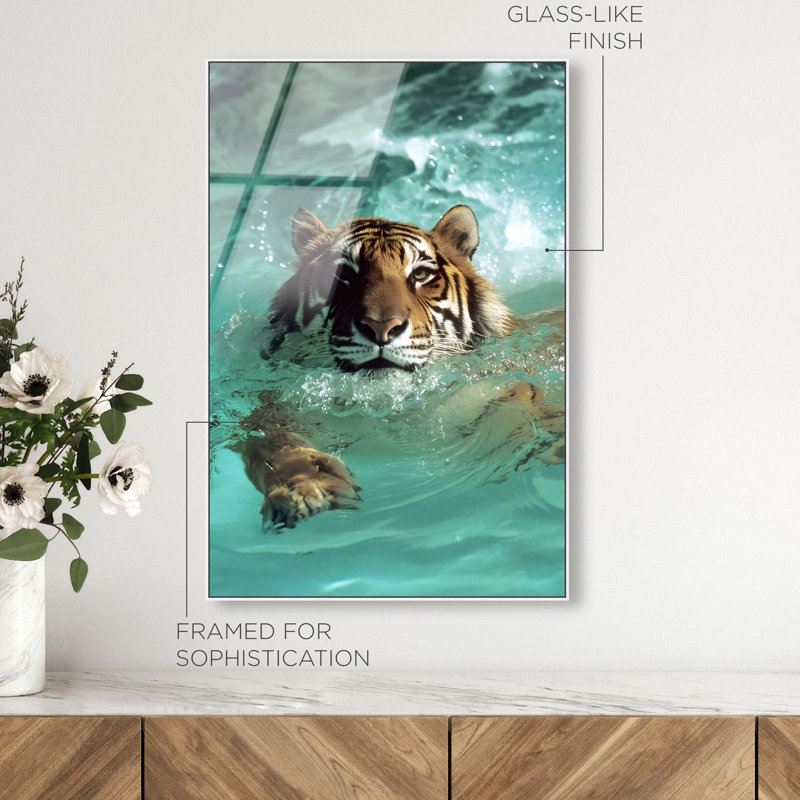 Oliver Gal Feline Pool Dip Animals - Framed Acrylic Glass Wall Art, Black, 24" H x 16" W