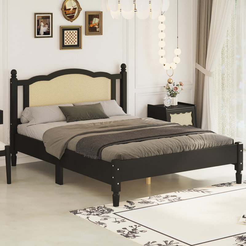 Wooden Platform Underbed Storage Bed with Natural Rattan Headboard, Minimalist Design, No Box Spring Needed, Black, Queen