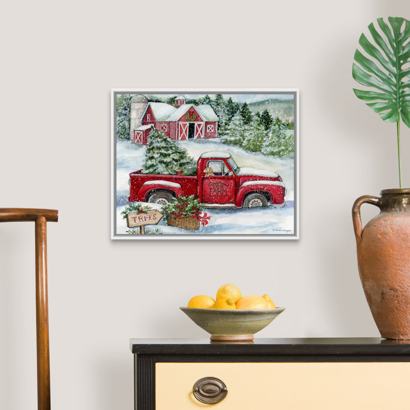 «Christmas Tree Farm» par Susan Winget - peinture sur toile tendue, H 25,25 po x l 31,25 po, Cadre blanc