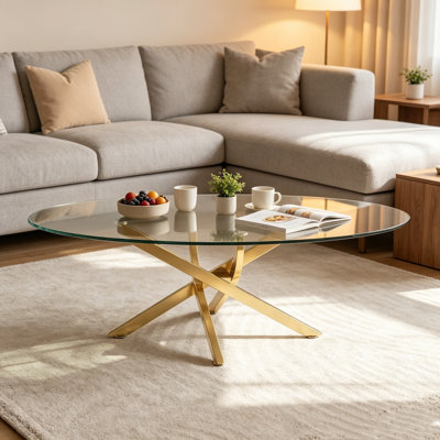 Table basse ovale, table d'appoint en verre trempé de 39,4 pouces avec pieds en métal doré, table à thé minimaliste moderne pour le salon, café, cadre transversal stable avec patins antidérapants réglables