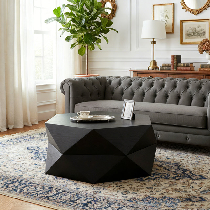 Table basse 36,61 po style rétro Polygon, table basse cylindrique en placage de bois massif, Noir