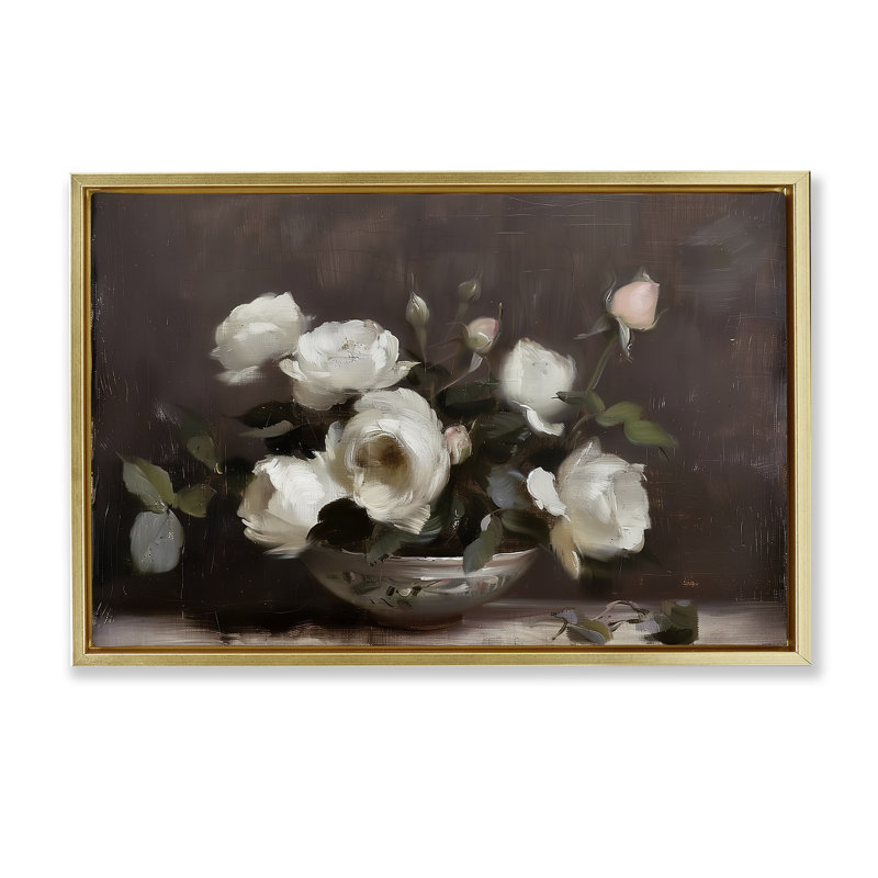 Nature morte traditionnelle rose, Cadre flottant métallique doré, H 17 po x l 25 po