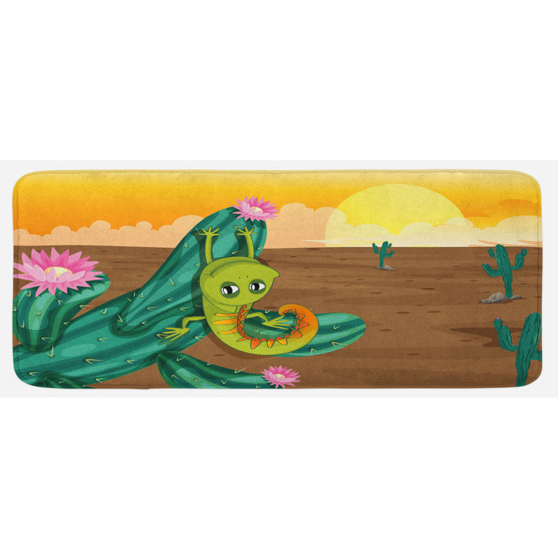 Tapis de cuisine à style dessiné dénudés soleil chameleon sur un cactus, tapis de cuisine à l’état multicolore