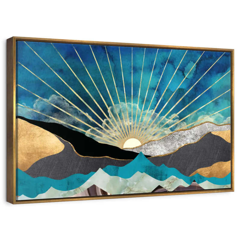 Lever de soleil abstrait, 46 po x 31 po, Cadre flottant doré