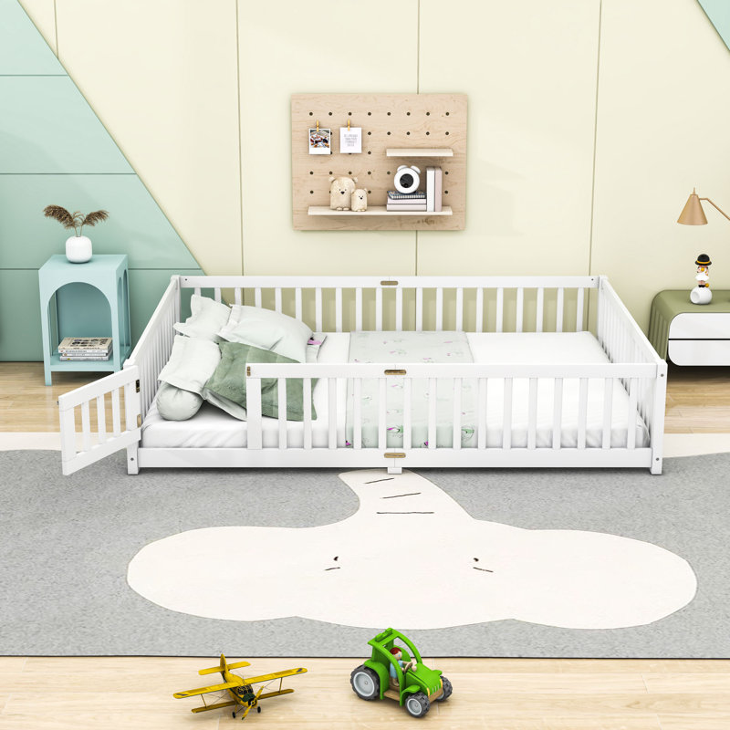 Lit en bois avec garde-corps, porte et lattes robustes, Grand lit, Blanc