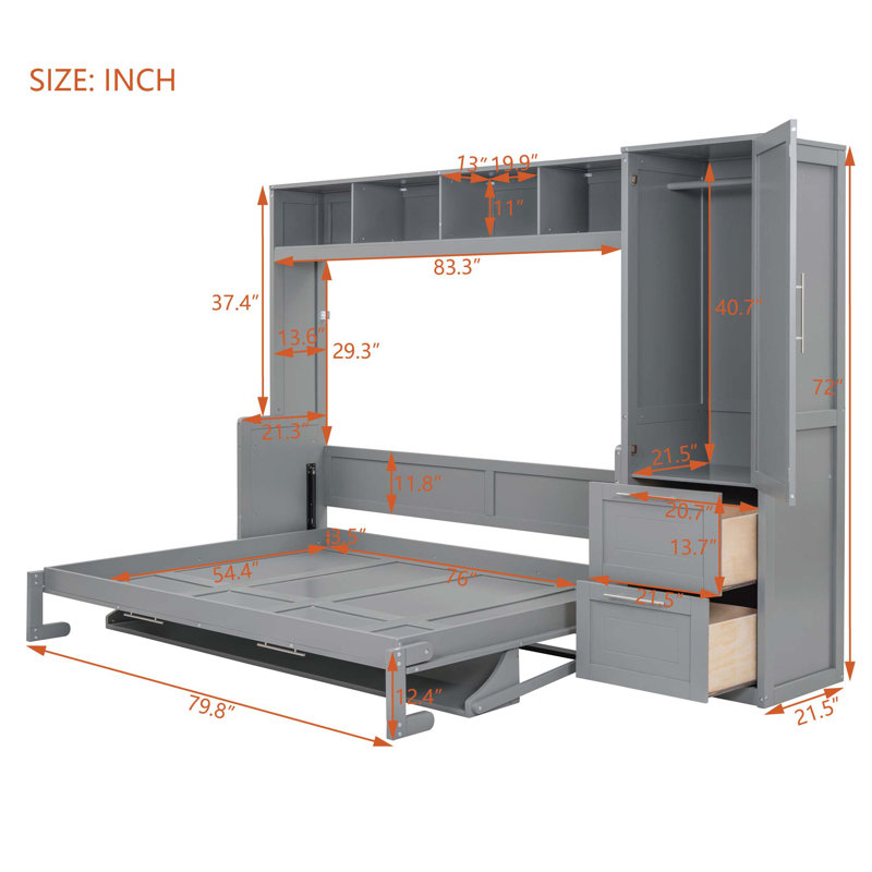 Lit escamotable double avec placard et tiroirs, gris