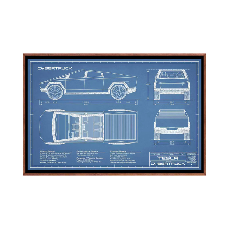 Blueprint de Tesla (2020-2022)-impression de dessin, Toile avec cadre en bois brun classique, Pas de tapis