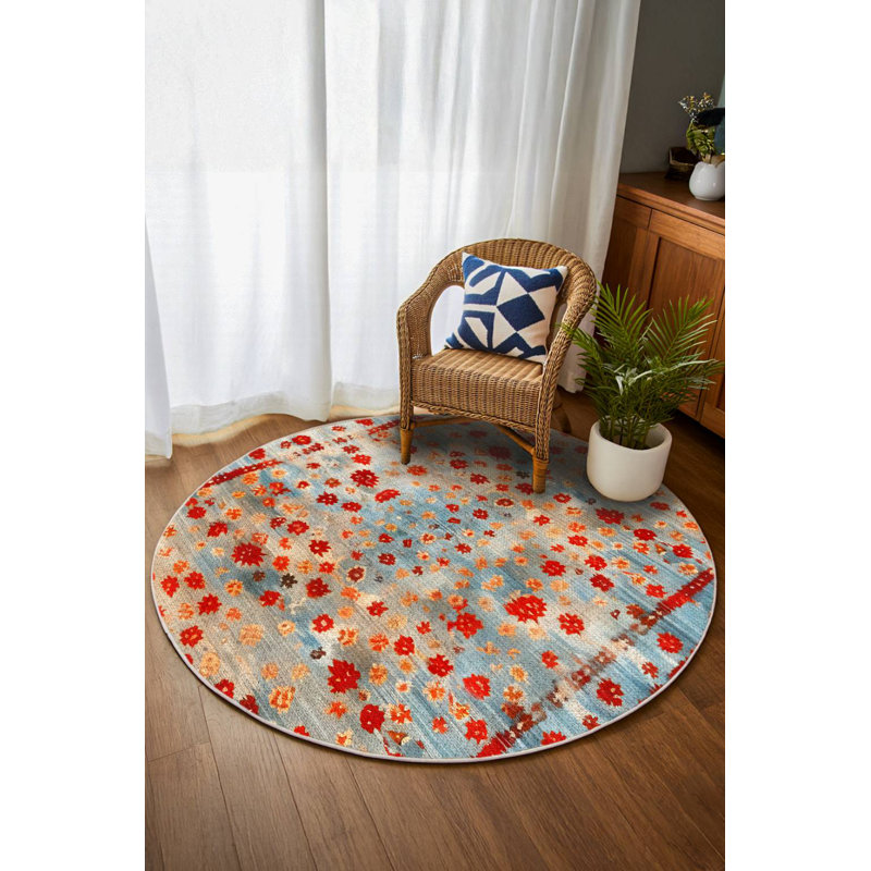 Anatolia Collection Digital Print Cotton-Polyester Orange Floral Rug, Round 3'4"