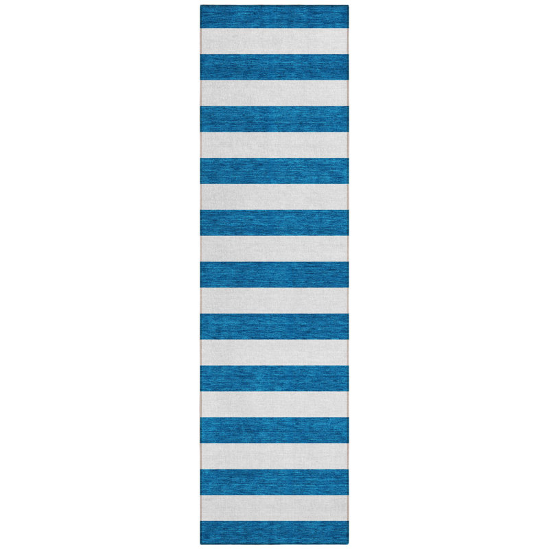 8' Runner Navy Blue Striped Washable Non Skid Indoor Outdoor Runner Rug