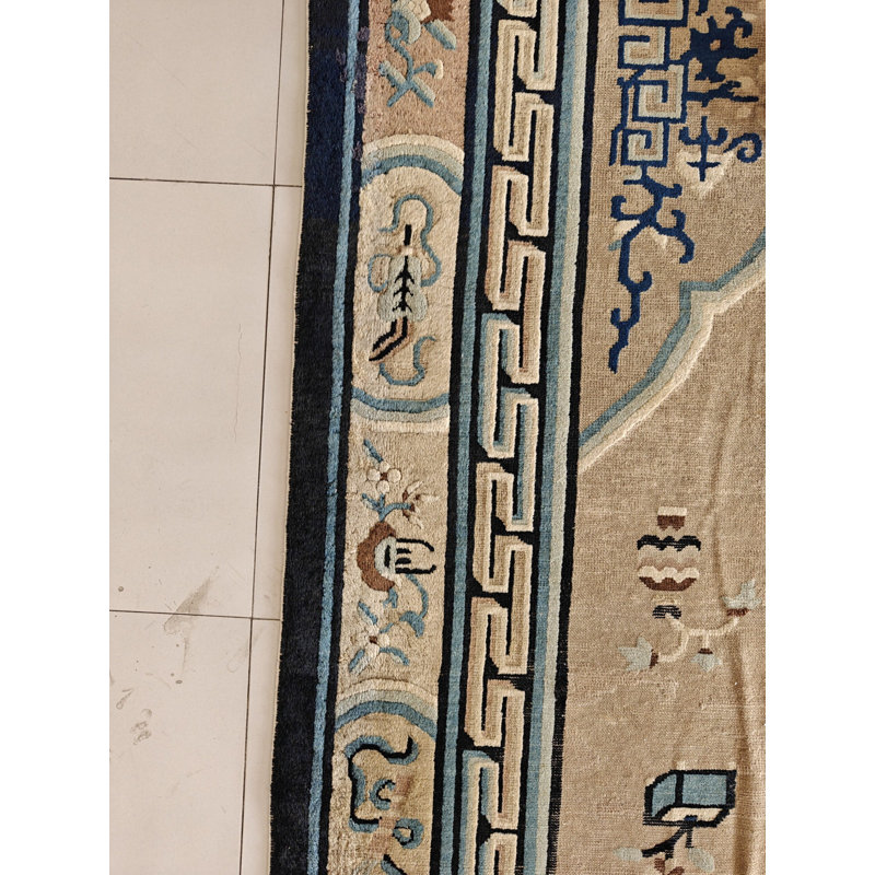 Antique Square Room Size Ivory and Blue Chinese Ningxia Rug