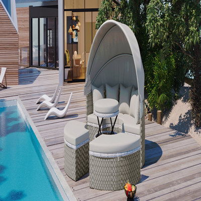 Patio Furniture Round Outdoor Sectional Sofa Set Rattan Daybed Two-Tone Weave Sunbed With Retractable Canopy, Separate Seating And Removable Cushion, Gray