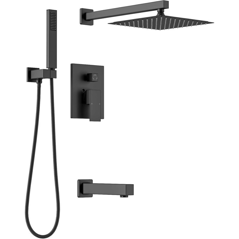 LAVA ODORO Modern 3-Setting Square Shower And Tub Faucet Set With Rainfall Shower Head, Handheld Sprayer, And Pressure-Balanced Valve In Brushed Nickel Finish