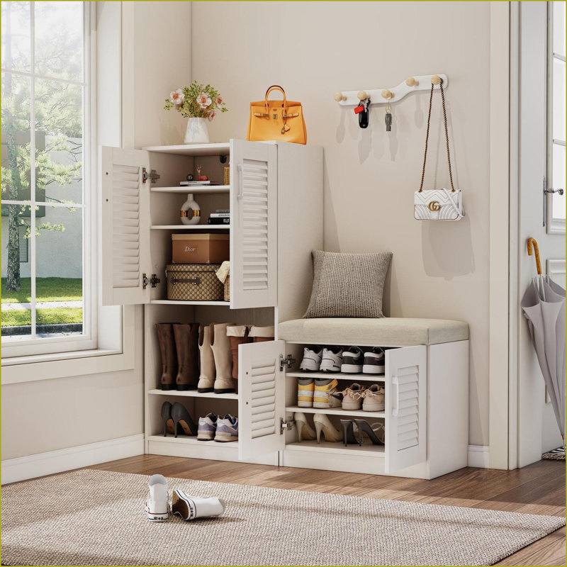 Armoire de rangement pour chaussures avec banc, tablettes réglables et amp; 7 + 3 compartiments | Blanc neige | Panneau de particules et panneau de fibres à densité moyenne | Hall d'entrée