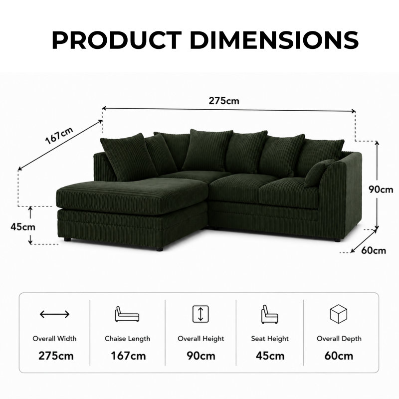 Jumbo Cord L Shape Sofa with Swivel Chair and Footstool, Forest Green
