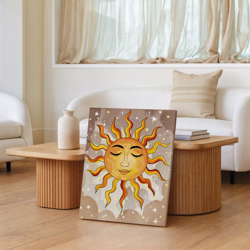 Toile, une illustration stylisée du soleil centrée sur un fond d'art texturé beige chaleureux avec un visage serein avec des yeux fermés et une toile d'art murale