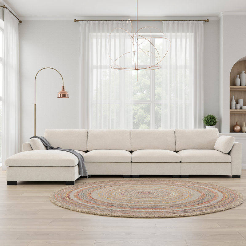 Canapé modulaire en L à 5 places avec table pliante, ports de charge et repose-pieds, tissu chenille